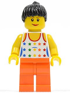 LEGO Minifigure-Shirt with Female Rainbow Stars Pattern, Orange Legs, Black Ponytail Hair-Town / City-TWN114-Creative Brick Builders